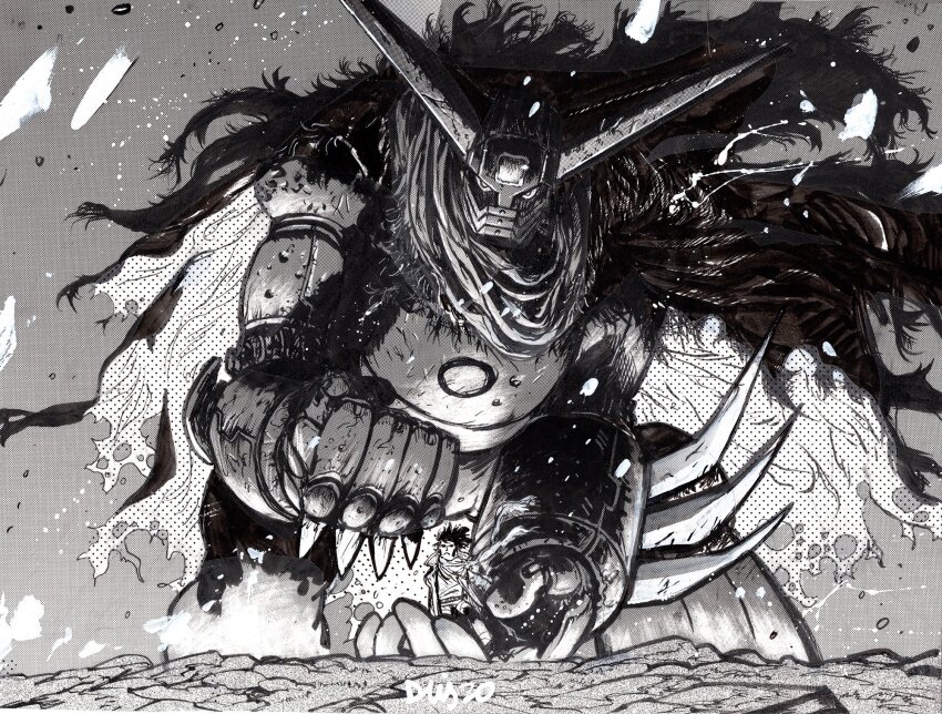 1boy arm_blade black_getter cape clenched_hand commentary commission daniel_warren_johnson english_commentary floating_cape getter_robo greyscale highres looking_at_viewer mecha mecha_focus monochrome nagare_ryoma on_mecha robot science_fiction shin_getter_robo signature smoke spiked_knuckles spikes super_robot torn_cape torn_clothes weapon