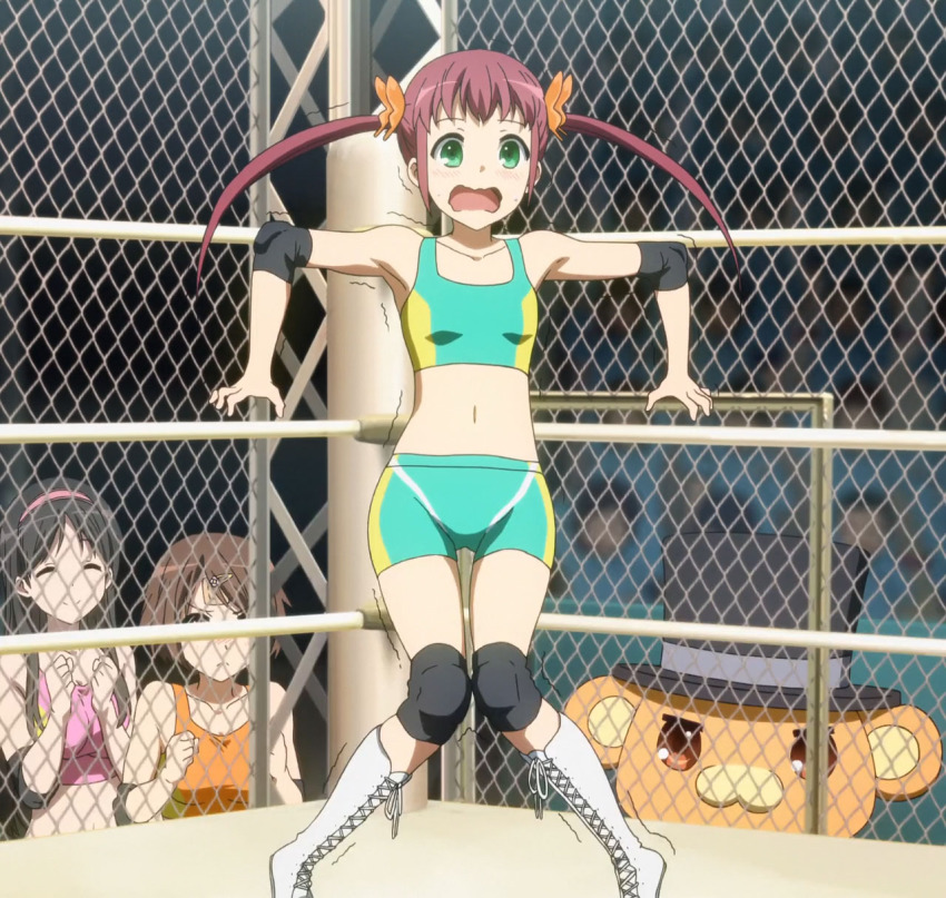 10s adachi_eiko amagi_brilliant_park bandou_biino boots chuujou_shiina elbow_pads green_eyes highres knee_pads maroon_hair moffle screencap twintails