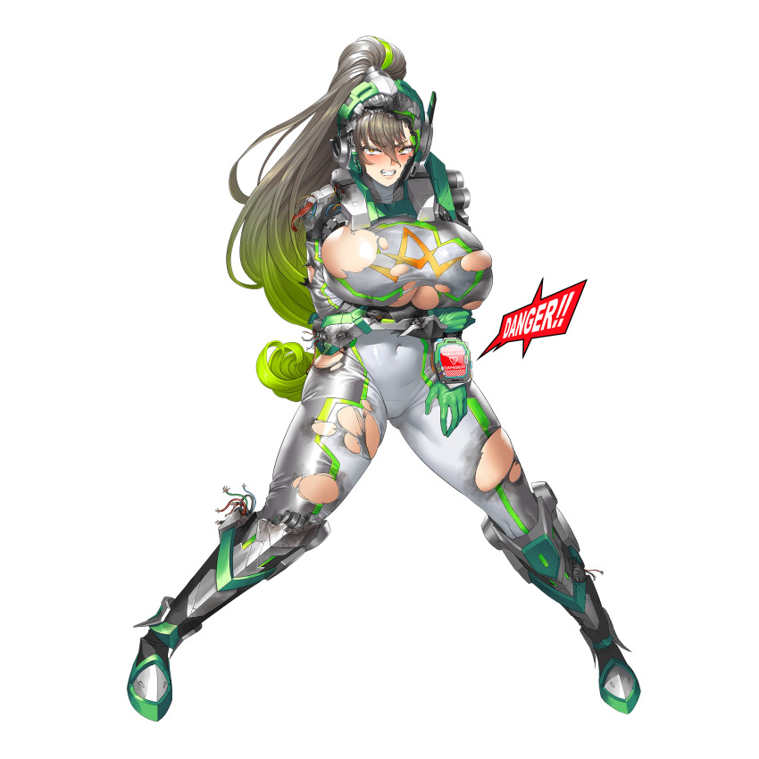 1girl arm_guards armor bodysuit boots breast_hold breasts broken_armor broken_helmet broken_wires bursting_breasts cameltoe clenched_teeth clover clover_ace covered_navel defeat english_text fang full_body game_cg gloves gluteal_fold green_gloves green_hair grey_bodysuit grey_hair groin_tendon hair_between_eyes high_heel_boots high_heels highres holding_own_arm huge_breasts last_origin legs_apart long_hair looking_at_viewer armored_boots monitor multicolored_hair obui official_art open_mouth orange_eyes ponytail shoulder_armor sign simple_background skindentation solo streaked_hair teeth torn_bodysuit torn_boots torn_clothes transparent_background two-tone_hair warning_sign white_bodysuit wire