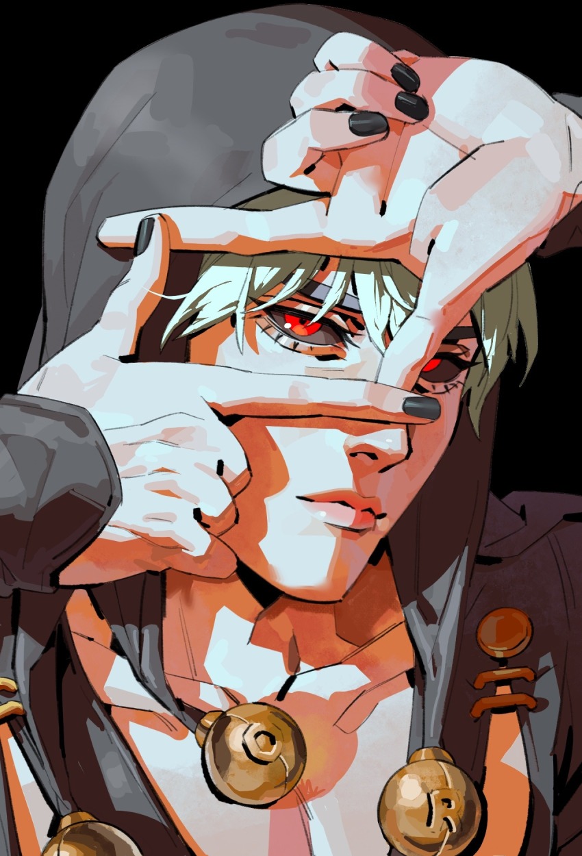 1boy black_sclera closed_mouth collarbone colored_sclera eyelashes haddockkkk hat hat_bobbles highres jojo_no_kimyou_na_bouken lips male_focus nose red_eyes risotto_nero solo vento_aureo white_hair
