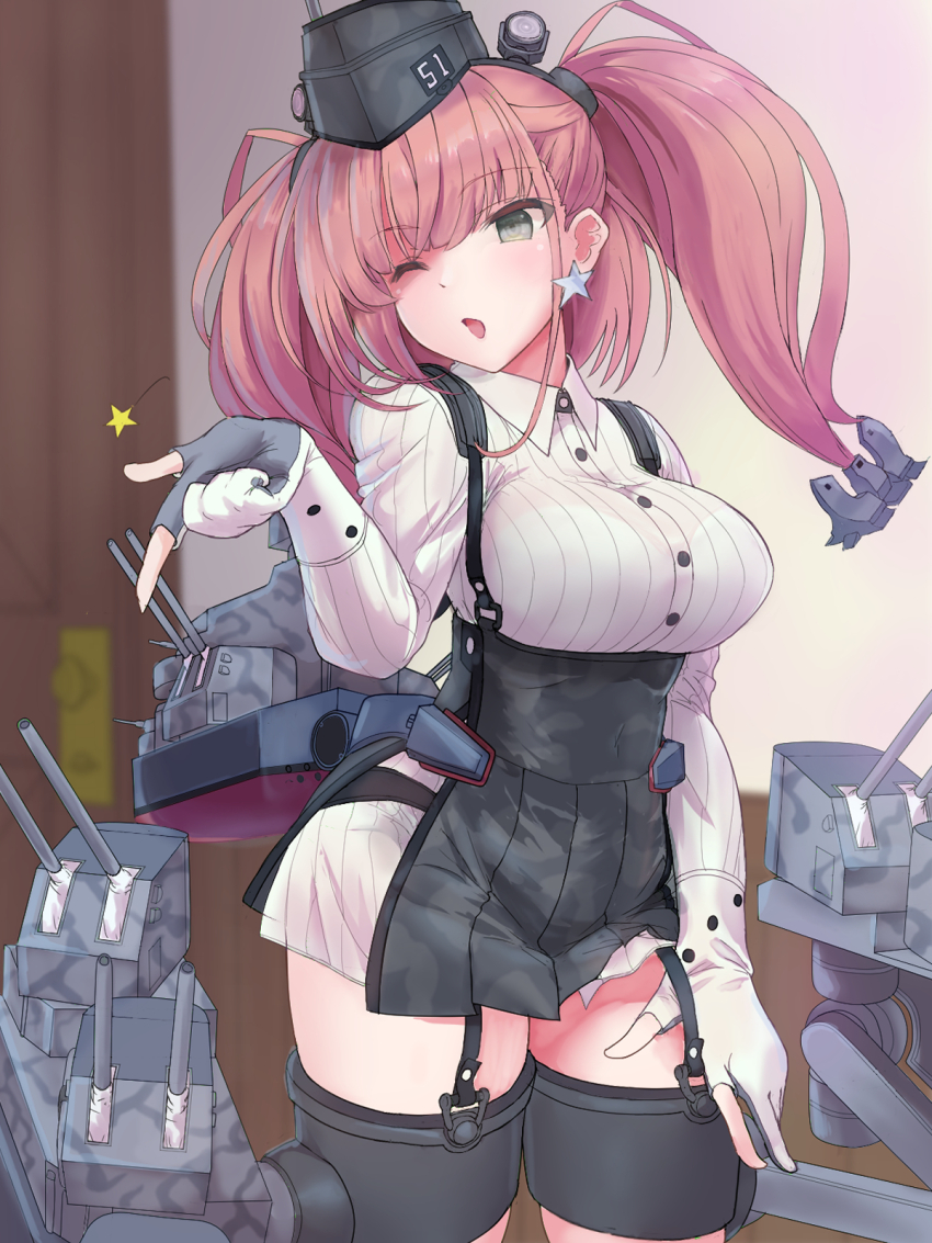 1girl adapted_turret atlanta_(kancolle) black_hat black_skirt blowing_kiss blush bra_visible_through_clothes breasts brown_hair cannon dress_shirt earrings em_s garrison_cap gloves grey_eyes hair_ornament hat high-waist_skirt highres indoors jewelry kantai_collection large_breasts long_hair long_sleeves machinery rigging ship_turret shirt single_earring skirt smokestack solo star_(symbol) star_earrings suspender_skirt suspenders two_side_up white_shirt
