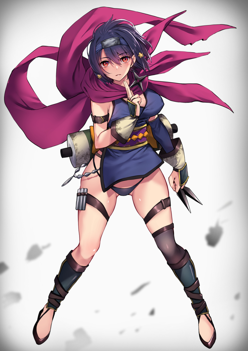 1girl arm_belt belt black_footwear black_hair black_panties blush brown_belt commentary_request commission covered_erect_nipples flower fluegel_(gumi710) full_body gluteal_fold hair_between_eyes hair_flower hair_ornament highres holding holding_weapon kunai long_hair mizuno_ai ninja panties red_eyes red_scarf scarf short_hair shuriken_earrings skeb_commission solo standing thighs underwear weapon zombie_land_saga