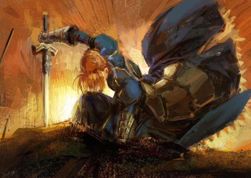1girl absurdres armor armored_dress artoria_pendragon_(fate) blonde_hair blue_dress commentary dress elvafirst excalibur_(fate/stay_night) fate/stay_night fate_(series) gauntlets hair_bun highres juliet_sleeves long_dress long_sleeves on_one_knee planted planted_sword planted_weapon puffy_sleeves saber_(fate) single_hair_bun solo sword weapon