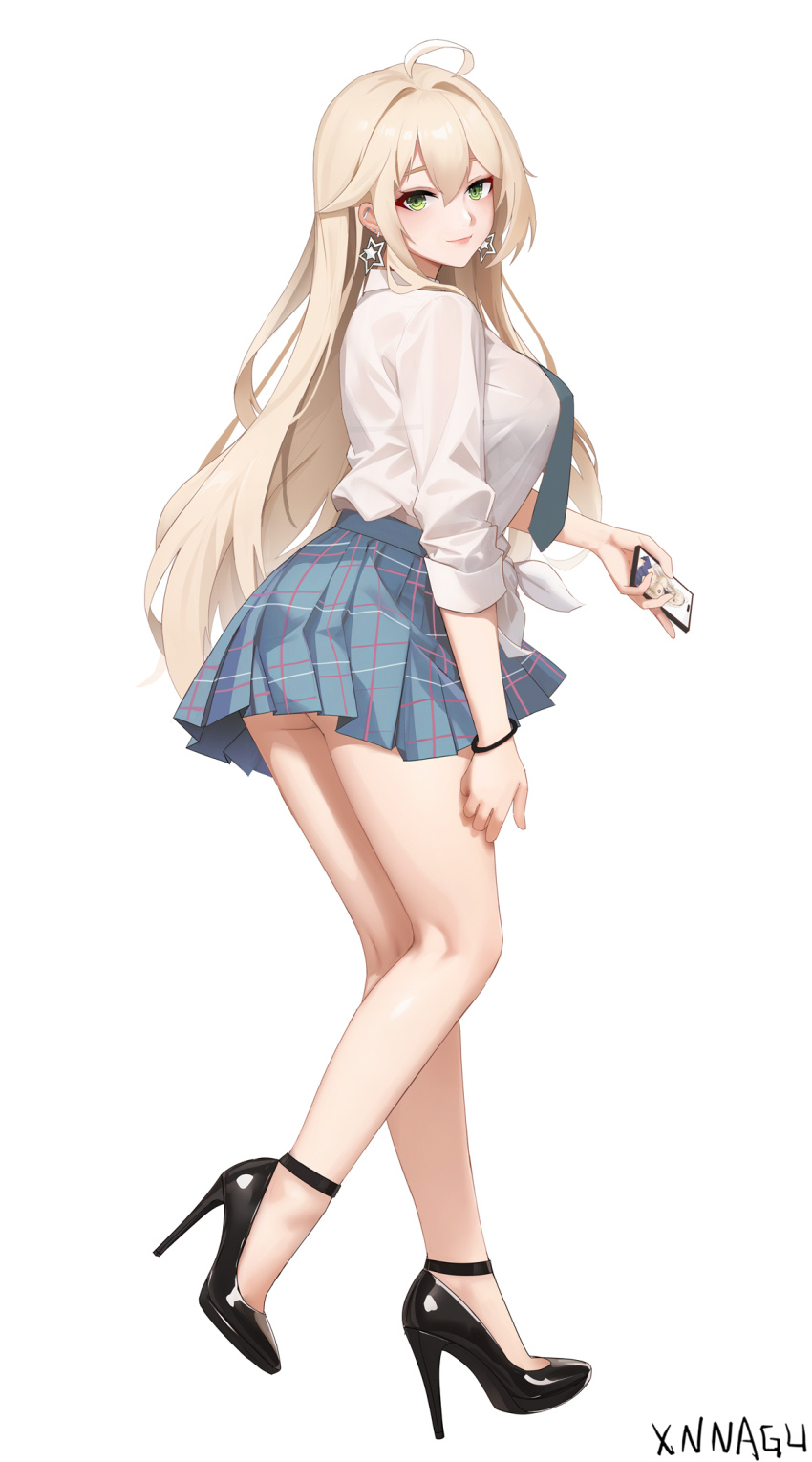 1girl ahoge aqua_necktie aqua_skirt ass black_shoes blonde_hair breasts cellphone chinese_commentary commentary_request cosplay earrings green_eyes gyaru high_heels highres holding holding_phone jewelry kitagawa_marin kitagawa_marin_(cosplay) large_breasts long_hair looking_at_viewer miniskirt missouri_(warship_girls_r) necktie patent_heels phone plaid_clothes plaid_skirt pleated_skirt pumps school_uniform shoes skirt smartphone smile solo sono_bisque_doll_wa_koi_wo_suru star_(symbol) star_earrings stiletto_heels very_long_hair warship_girls_r xnnagu
