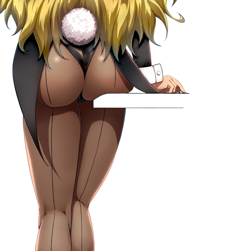 1girl arm_support ass ass_focus blazer brown_pantyhose fake_tail from_behind gradient_background highleg highleg_leotard highres hitofudegaki_usagi hoshii_miki idolmaster jacket kneepits leaning_on_table leotard long_hair long_sleeves lower_body pantyhose playboy_bunny rabbit_tail simple_background solo tail white_background wrist_cuffs
