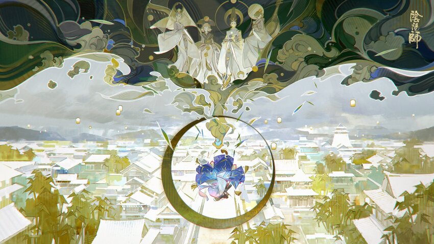 2boys 3girls a-shacho architecture biwa_lute blue_kimono candle character_request check_copyright cloud cloudy_sky copyright_request crescent_print detached_sleeves east_asian_architecture falling hat heaven highres instrument japanese_clothes kariginu kimono leaf long_sleeves lute_(instrument) mirror multiple_boys multiple_girls onmyoji pom_pom_(clothes) purple_hair rock sky sleeves_past_fingers sleeves_past_wrists smoke starry_sky_print tate_eboshi tree upside-down veil village waves wide_sleeves