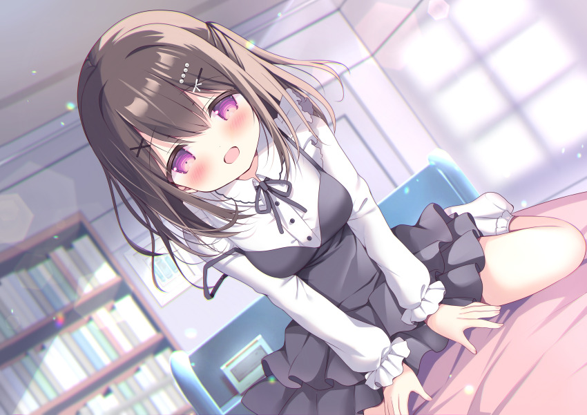 1girl :d absurdres alarm_clock azumi_kazuki bed bed_sheet bedroom black_dress blush book bookshelf brown_hair ceiling clock dress dutch_angle hair_between_eyes hair_ornament hairclip highres indoors long_hair looking_at_viewer non-web_source on_bed open_mouth original purple_eyes shirt sidelocks sitting smile socks solo strap_slip wariza white_shirt white_socks window