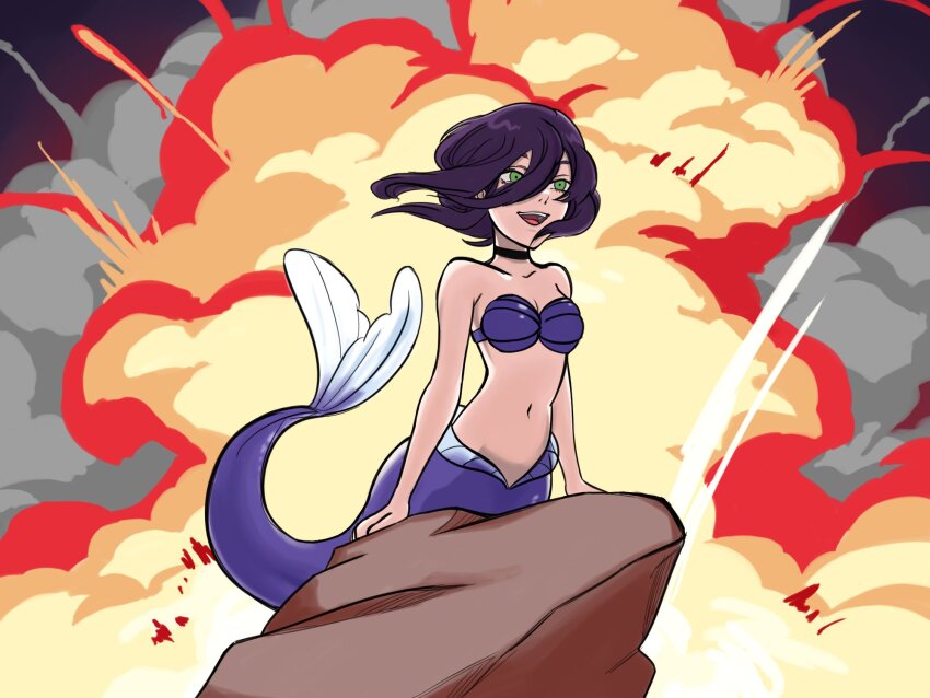 1girl ariel_(disney) ariel_(disney)_(cosplay) bikini black_choker breasts chainsaw_man choker commentary cosplay english_commentary explosion fins fish_tail green_eyes hair_between_eyes highres long_hair_between_eyes mermaid monster_girl navel open_mouth purple_hair reze_(chainsaw_man) shell shell_bikini small_breasts solo swimsuit tail the_little_mermaid_(disney) thebabalgam