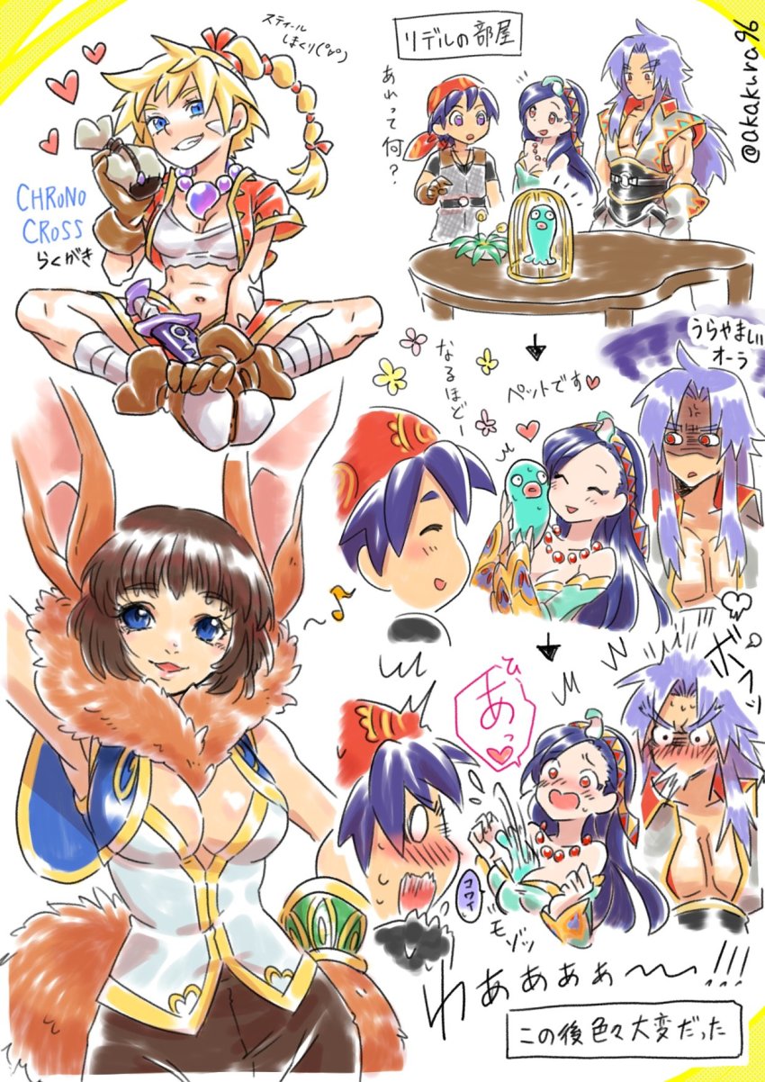 2boys 3girls animal_ears animal_hands bag bandaged_leg bandages bandana beads belt between_breasts black_shirt blonde_hair blue_eyes blue_hair blush body_markings boots breasts brown_gloves brown_hair brown_pants butterfly_sitting cage chrono_cross cleavage closed_eyes cropped_jacket cropped_shirt dagger desk detached_sleeves dress facial_mark full_body gloves green_dress grin hair_between_eyes hairband hand_on_own_hip heart highres holding holding_bag imaijun jacket janice_(chrono_cross) jewelry karsh_(chrono_cross) kid_(chrono_cross) knife large_breasts long_hair medium_breasts midriff monster multi-tied_hair multiple_boys multiple_girls multiple_views musical_note navel necklace open_mouth pants parted_bangs parted_lips pectorals ponytail rabbit_ears rabbit_tail red_bandana red_eyes red_jacket red_skirt riddel_(chrono_cross) serge_(chrono_cross) shirt short_hair short_sleeves shouting sidelocks sitting skirt sleeveless sleeveless_shirt smile sweatdrop t-shirt tail teeth thick_eyebrows translation_request upper_body wavy_mouth weapon white_shirt wide_sleeves