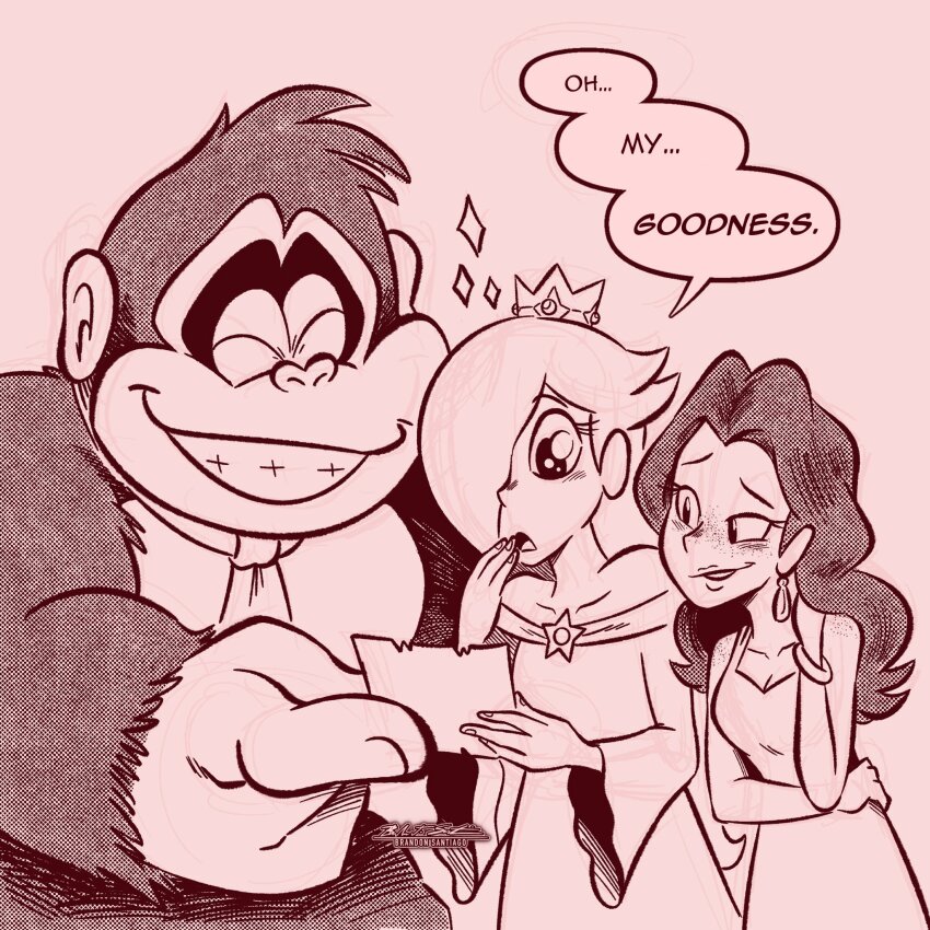 1boy 2girls artist_name artist_request blush brandon_santiago donkey_kong donkey_kong_(series) donkey_kong_bananza english_text freckles fur monochrome multiple_girls necktie nintendo one_eye_covered pauline_(mario) red_theme rosalina sketch smile speech_bubble