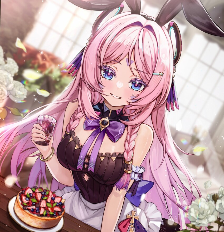 1girl adapted_costume animal_ear_hairband animal_ears apron bare_shoulders black_leotard blue_eyes blueberry blush bow bowtie braid breasts cake citlali_(genshin_impact) cleavage cup day facial_mark fake_animal_ears flower food forehead_mark frilled_apron frills fruit fruitcake genshin_impact hair_ornament hairband hashtag-only_commentary highres holding holding_cup indoors large_breasts leaning_forward leotard long_hair looking_at_viewer multicolored_hair parted_lips pink_hair pink_pupils playboy_bunny purple_bow purple_bowtie purple_hair rabbit_tail smile solo strapless strapless_leotard strawberry sunlight tail triangle triangle_facial_mark twin_braids very_long_hair veryslow_zzzpin waist_apron white_apron white_flower