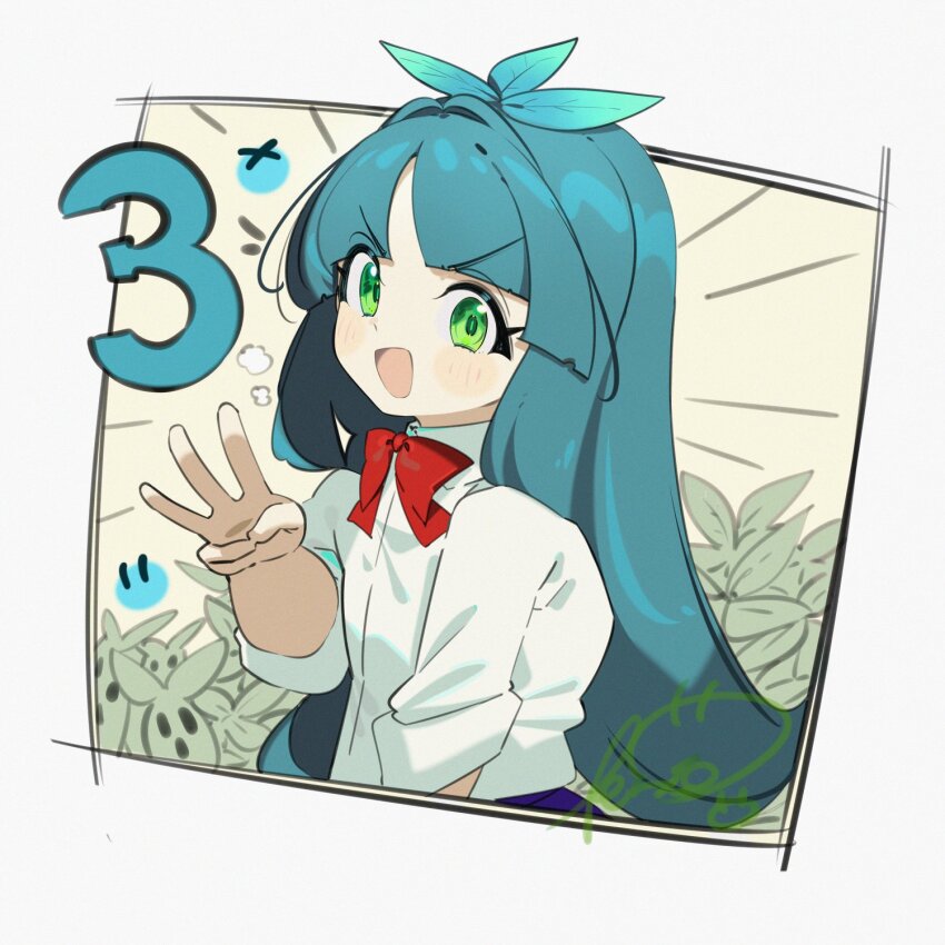 1girl ahoge benio_(dontsugel) blush border bow bowtie chibi collared_shirt green_eyes green_hair hand_up happy highres long_hair long_sleeves mandragora open_mouth red_bow red_bowtie sandra_(slime_taoshite_300_nen) shirt slime_(creature) slime_taoshite_300_nen_shiranai_uchi_ni_level_max_ni_nattemashita smile solo tongue triple_ahoge very_long_hair white_border white_shirt