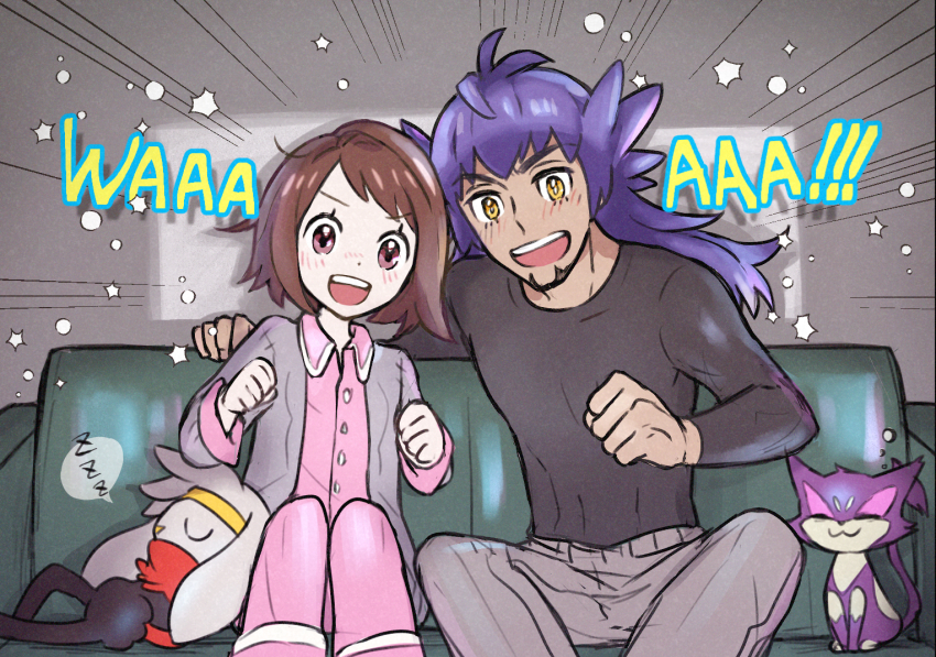 1boy 1girl alternate_costume bob_cut bright_pupils brown_eyes brown_hair buttons cardigan collared_shirt commentary_request couch creatures_(company) dark-skinned_male dark_skin facial_hair game_freak gen_5_pokemon gen_8_pokemon gloria_(pokemon) grey_cardigan grey_pants harai_(haraiqq) indoors leon_(pokemon) long_hair looking_at_viewer nintendo open_cardigan open_clothes pants pink_pants pink_shirt pokemon pokemon_(creature) pokemon_swsh purple_hair purrloin raboot shirt short_hair sitting star_(symbol) white_pupils yellow_eyes