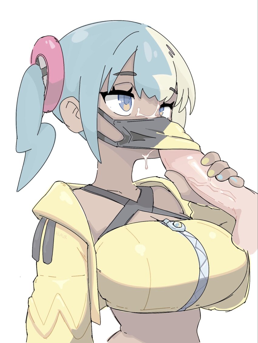 1boy 1girl blonde_hair blue_eyes blue_hair breasts canari_(pokemon) crop_top cropped_jacket cum cum_on_body dark-skinned_female dark_skin facial fellatio fellatio_under_mask fruithead hetero highres jacket large_breasts mask mouth_mask nintendo oral pale_color penis_grab pokemon pokemon_legends:_z-a shirt simple_background twintails uncensored white_background yellow_jacket yellow_shirt