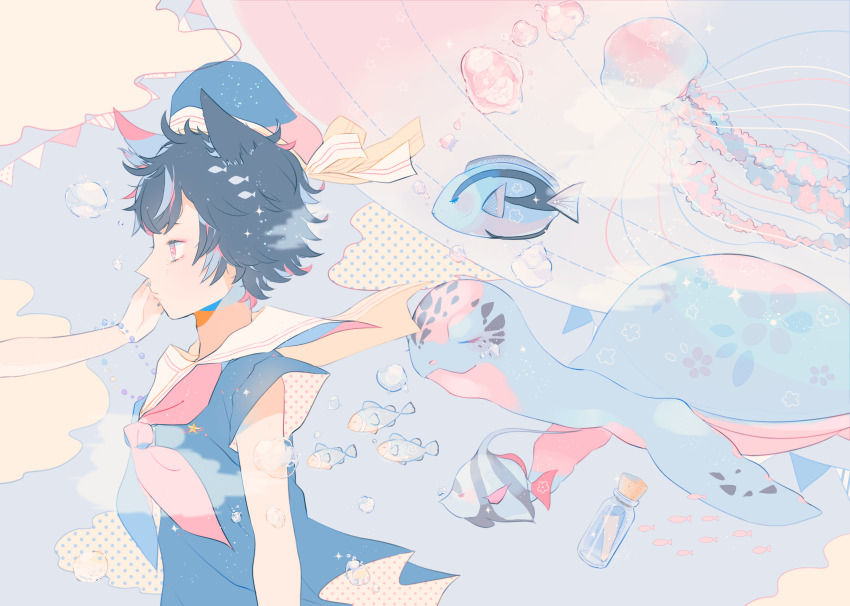 1girl 1other air_bubble black_hair black_hat black_shirt blue_background blue_neckerchief blue_streaks bottle breasts bubble closed_mouth cloud commentary_request corked_bottle fish hair_ears hat hat_ribbon highres jellyfish message_in_a_bottle multicolored_hair neckerchief original out_of_frame pastel_colors pink_neckerchief pink_streaks profile ribbon ryokuno_green sailor_collar shirt short_hair short_sleeves streaked_hair turtle two-tone_neckerchief upper_body white_sailor_collar yellow_ribbon