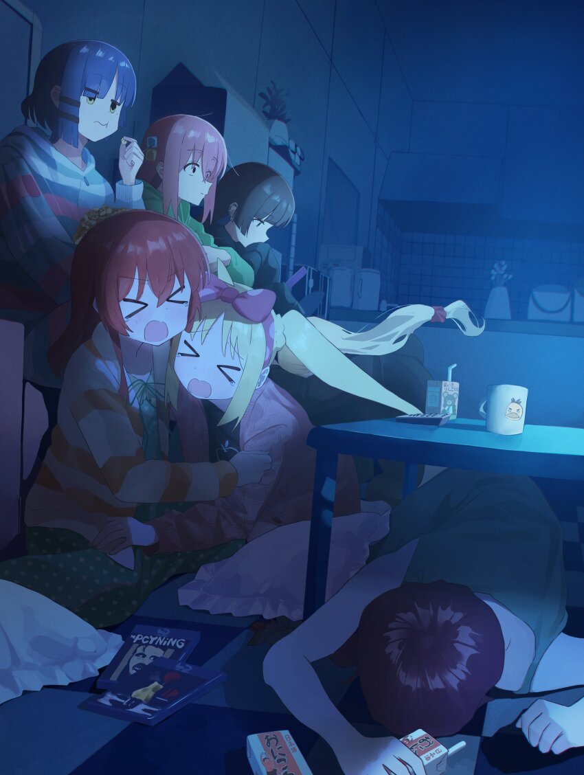 &gt;_&lt; 6+girls absurdres alcohol alcohol_carton black_hair blonde_hair blue_hair blue_theme bocchi_the_rock! bow carton cellphone constricted_pupils controller cube_hair_ornament dress dvd_case ear_piercing eating food gotoh_hitori green_dress green_sweater hair_bow hair_ornament highres hiroi_kikuri hug ijichi_nijika ijichi_seika it_(stephen_king) kita_ikuyo long_hair multiple_girls pa-san parody phone piercing pink_bow pink_hair popcorn purple_hair red_hair remote_control scared shining_(series) shirasuke_0822 short_hair slice_of_life smartphone striped_clothes striped_sweater sweater title_parody under_table yamada_ryo yellow_eyes