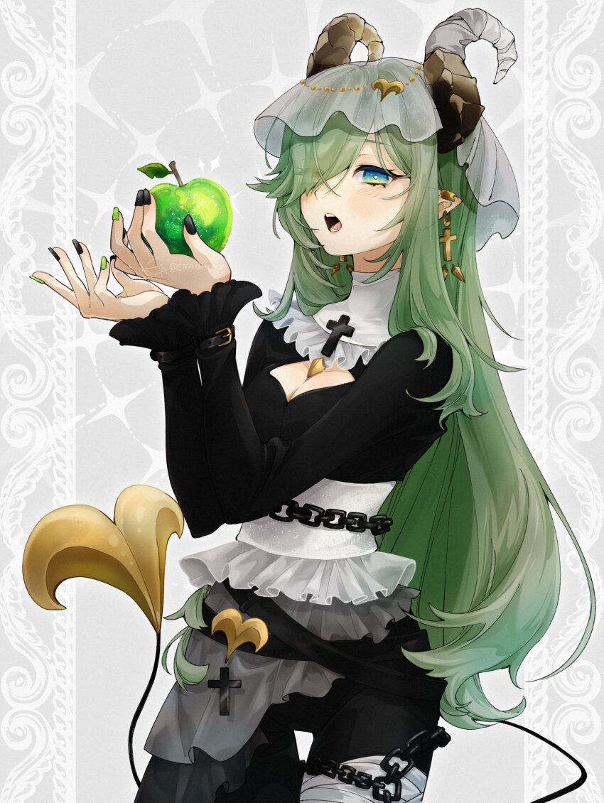 1girl alternate_costume apple black_dress black_pants blue_eyes blush breasts bridal_veil brown_horns chain cleavage cleavage_cutout clothing_cutout commentary_request cowboy_shot cross cross_earrings curled_horns demon_girl demon_horns demon_tail dress earrings ettadotteco eyes_visible_through_hair food fruit green_apple green_hair hair_between_eyes hair_over_one_eye heterochromia highres holding holding_food holding_fruit horns jewelry long_bangs long_hair looking_at_viewer medium_breasts nanashi_inc. open_mouth pants pointy_ears sash sekishiro_mico solo tail veil virtual_youtuber white_background white_sash yellow_eyes