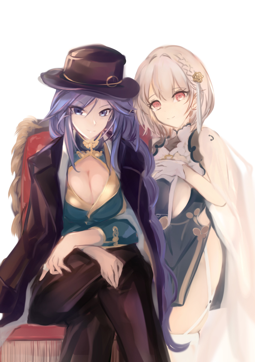 2girls absurdres azur_lane biloxi_(azur_lane) biloxi_(dapper_gangstress)_(azur_lane) black_coat braid breast_curtains breasts china_dress chinese_clothes cleavage coat dress garter_straps gloves hair_between_eyes hair_ornament hair_over_one_eye hair_over_shoulder half_gloves hand_on_own_chest hat highres large_breasts long_braid long_hair looking_at_viewer medium_hair multiple_girls open_clothes open_coat pelvic_curtain purple_eyes purple_hair red_eyes revealing_clothes see-through_sleeves see-through_clothes shika_(shika0) side_braid single_braid sirius_(azur_lane) sirius_(azure_horizons)_(azur_lane) skindentation smile very_long_hair white_gloves white_hair white_legwear
