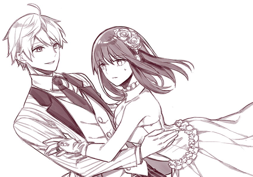 1boy 1girl ahoge arthur_pendragon_(fate) arthur_pendragon_(white_rose)_(fate) breasts bridal_gauntlets cleavage commentary_request detached_collar dress dutch_angle fate/grand_order fate/prototype fate_(series) flower greyscale hair_flower hair_ornament large_breasts long_dress monochrome necktie qixiang_seren sajou_ayaka_(fate/prototype) strapless strapless_dress tuxedo vest