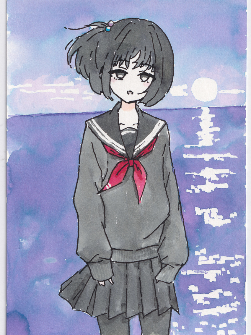1girl :d amemori_sayo arms_at_sides beads black_eyes black_pantyhose black_sailor_collar black_serafuku black_shirt black_skirt blue_sky collarbone cowboy_shot hair_beads hair_ornament head_tilt highres horizon legs_apart long_sleeves looking_at_viewer miniskirt neckerchief nijisanji nkymyura one_side_up open_mouth outdoors painting_(medium) pantyhose photo_(medium) pleated_skirt red_neckerchief reflection reflective_water sailor_collar school_uniform serafuku shirt short_hair skirt sky sleeve_cuffs sleeves_past_wrists smile solo sunset traditional_media virtual_youtuber water watercolor_(medium)