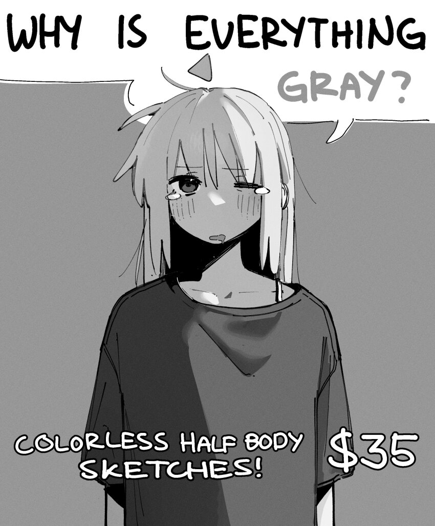 1girl absurdres ahoge alternate_costume alternate_hairstyle bocchi_the_rock! bra_strap commentary detached_ahoge english_commentary english_text greyscale hair_down highres ijichi_nijika long_hair looking_at_viewer machuuu68 monochrome one_eye_closed