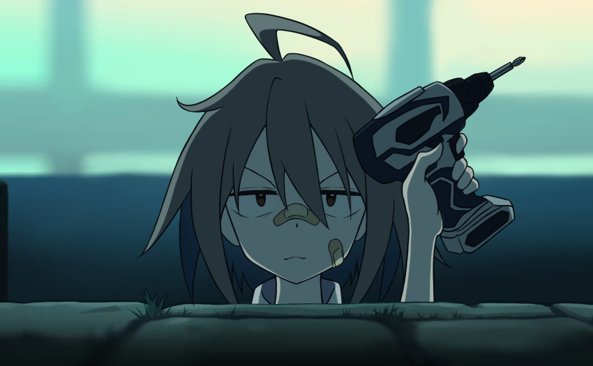 1girl ahoge backlighting bad_id bad_twitter_id bandaid bandaid_on_cheek bandaid_on_face bandaid_on_nose blurry blurry_background closed_mouth do_it_yourself!! grey_hair gundam gundam_gquuuuuux hair_between_eyes highres holding holding_power_drill jitome kawaruwaru non-web_source power_drill solo v-shaped_eyebrows yua_serufu