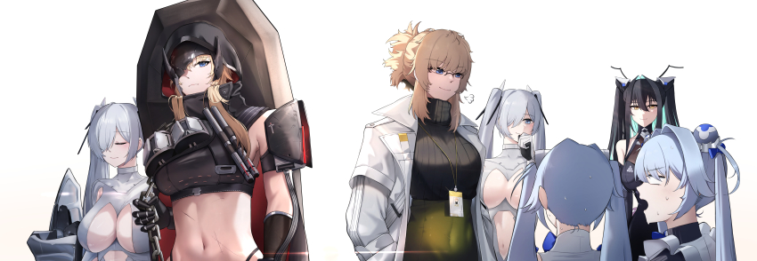6+girls abe_(nikke) absurdres arm_warmers armor armpit_cutout bare_shoulders black_bodysuit black_cloak black_gloves black_hair black_sweater blonde_hair blue_bow blue_eyes blue_hair bodysuit bow breasts broken_mask buckle chain cinderella_(nikke) cleavage cleavage_cutout cloak closed_eyes closed_mouth clothing_cutout coat coffin colored_inner_hair commentary covered_navel cowboy_shot cropped_shirt dual_persona english_commentary folded_hair glasses gloves goddess_of_victory:_nikke grave_(nikke) green_skirt gretel_(nikke) hair_between_eyes hair_intakes hair_ornament hair_over_one_eye hands_in_pockets hansel_(nikke) highres holding holding_chain hood hood_up hooded_cloak horns id_card korean_commentary lab_coat large_breasts lens_flare little_mermaid_(nikke) long_hair mask mechanical_horns metal_gloves midriff mixed-language_commentary multicolored_hair multiple_girls multiple_scars navel old_tales_(nikke) open_clothes open_coat open_mouth puff_of_air scar scar_on_stomach see-through_bodysuit see-through_clothes shoulder_armor sidelocks simple_background singiru single_arm_warmer skirt smile snap-fit_buckle standing stomach_cutout sweat sweater turtleneck turtleneck_sweater twintails very_long_hair white_background white_bodysuit white_coat white_hair yellow_eyes