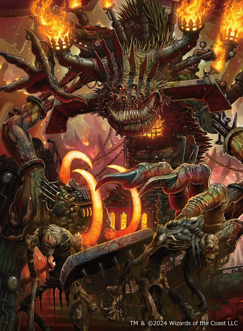 2024 akio_1963 body_horror brain copyright_name copyright_notice exposed_brain extra_eyes fingernails forge furnace highres horror_(theme) industrial long_arms magic:_the_gathering monster no_humans official_art sharp_fingernails sharp_teeth teeth zombie