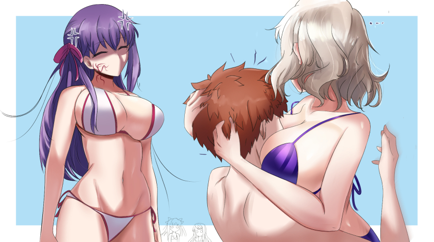 1boy 4girls anger_vein angry assertive_female between_breasts bikini breast_smother breasts cleavage closed_eyes day emiya_shirou face_to_breasts false_smile fate/hollow_ataraxia fate_(series) hands_on_another&#039;s_head head_between_breasts highres illyasviel_von_einzbern jealous large_breasts legs leysritt_(fate) matou_sakura multiple_girls navel orange_hair red_hair shaded_face shokobr smile string_bikini striped_bikini striped_clothes swimsuit thighs tohsaka_rin vertical-striped_bikini vertical-striped_clothes white_bikini