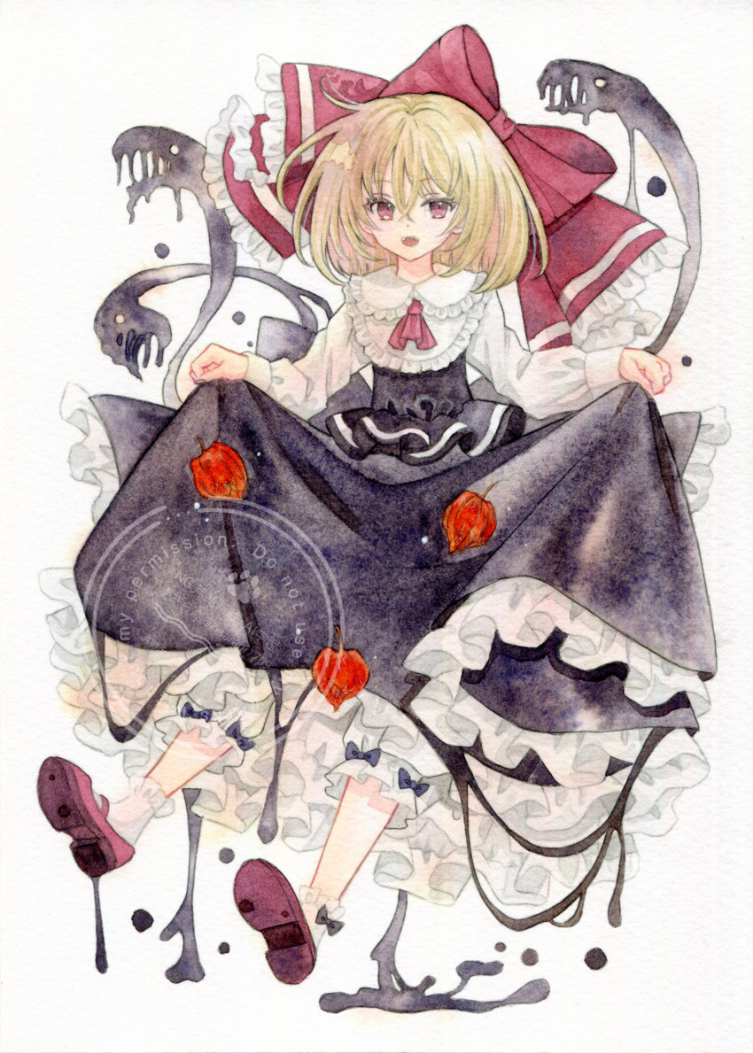 1girl absurdres black_skirt blonde_hair bow chinese_lantern_(plant) commentary darkness embellished_costume frilled_skirt frills full_body hair_bow highres huge_bow kisarush long_hair long_sleeves looking_at_viewer open_mouth painting_(medium) red_bow red_eyes rumia shirt skirt skirt_hold smile socks solo touhou traditional_media umbrakinesis watercolor_(medium) watermark white_shirt white_socks