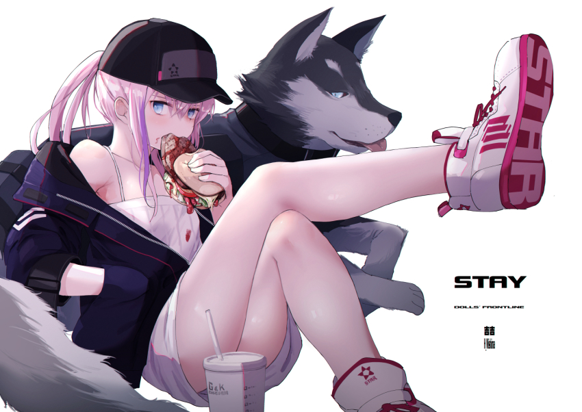 1girl animal blue_eyes blush burger dog drink eating flat_chest food girls&#039;_frontline hand_in_jacket hat jacket long_hair looking_at_viewer mishima_hiroji pink_hair ponytail shoes simple_background sneakers solo st_ar-15_(girls&#039;_frontline) white_background