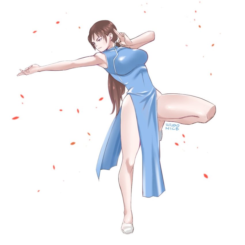 1girl blue_dress brown_hair china_dress chinese_clothes dress hong_xiu_ying ponytail sega shenmue shenmue_ii slippers studionice2011