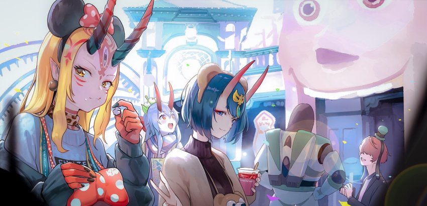 2boys 3girls alien_(toy_story) alternate_costume amusement_park blonde_hair blush bob_cut breasts buzz_lightyear casual coat confetti contemporary cup day disneyland earrings eating eyeshadow facial_mark fate/grand_order fate_(series) fuuma_kotarou_(fate) gem green_gemstone hair_between_eyes hair_ornament hair_ribbon highres holding holding_cup horns ibaraki_douji_(fate) jacket jewelry kagawa_ichigo long_hair looking_at_viewer makeup minnie_mouse_ears multiple_boys multiple_girls oni open_clothes open_mouth outdoors pointy_ears ponytail purple_eyes purple_hair red_eyes revision ribbon scarf sheriff_woody short_hair shuten_douji_(fate) sidelocks skin-covered_horns small_breasts smile sweater tattoo tomoe_gozen_(fate) toy_story toy_story_mania! turtleneck turtleneck_sweater v yellow_eyes