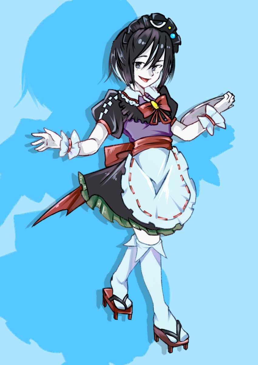 1other adapted_costume alternate_costume androgynous apron back_bow bad_id bad_twitter_id black_hair black_skirt black_sleeves blue_background bow bowtie brooch collared_shirt collared_socks colored_skin commentary english_commentary enmaided eye_of_senri frilled_apron frilled_shirt_collar frilled_skirt frilled_wrist_cuffs frills full_body geta grey_eyes hair_between_eyes highres holding holding_tray jewelry kneehighs len&#039;en looking_at_viewer luo_qiangwei maid maid_headdress miniskirt multicolored_hair open_mouth other_focus pleated_skirt puffy_short_sleeves puffy_sleeves purple_shirt red_bow red_bowtie red_footwear red_wrist_cuffs rei_(len&#039;en) ribbon-trimmed_apron ribbon_trim shirt short_hair short_sleeves silhouette skirt smile socks solo standing streaked_hair tabi tray waist_apron walking white_apron white_hair white_skin white_socks wrist_cuffs zoom_layer