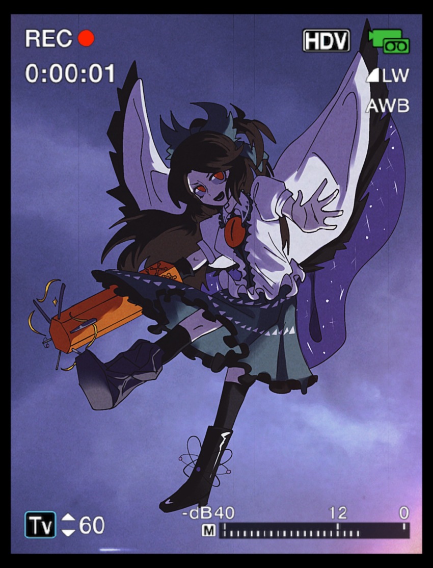 1girl absurdres arm_cannon atom battery_indicator black_boots black_socks black_wings blue_cape boots bow brown_hair cape chinese_commentary cloud commentary_request control_rod_(touhou) feathered_wings film_grain flying frilled_shirt frilled_skirt frills full_body green_bow green_skirt grey_sky hair_bow highres long_hair looking_at_viewer open_mouth overcast parted_bangs puffy_short_sleeves puffy_sleeves recording red_eyes reiuji_utsuho shiri_fusang shirt short_sleeves skirt sky smile socks solo third_eye touhou two-sided_cape two-sided_fabric weapon white_cape white_shirt wings