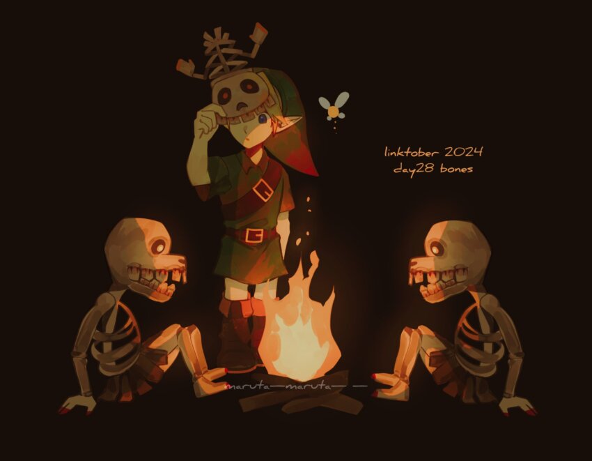 1boy 2024 2others belt black_background blue_eyes bonfire boots captain&#039;s_hat_(zelda) dated fire full_body glowing glowing_eyes hat highres link looking_at_another male_focus maruta_maruta mask mask_lift multiple_others nintendo pointy_ears sitting skeleton stalchild tatl the_legend_of_zelda the_legend_of_zelda:_majora&#039;s_mask tunic