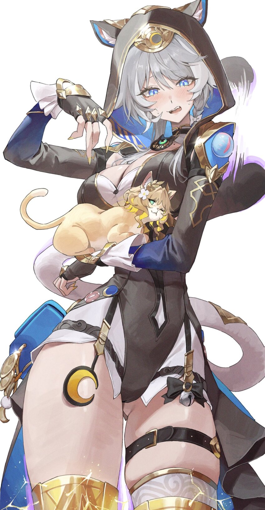 1girl aglaea_(honkai:_star_rail) animal animal_ears animalization belt black_gloves black_leotard blue_eyes breasts cat cat_ears cat_girl cat_tail cipher_(honkai:_star_rail) cleavage commentary_request fingerless_gloves gloves grey_hair highres holding holding_animal honkai:_star_rail honkai_(series) leotard mole mole_on_breast netural short_hair_with_long_locks shorts simple_background solo tail thigh_belt thigh_strap thighs white_background white_shorts yellow_nails