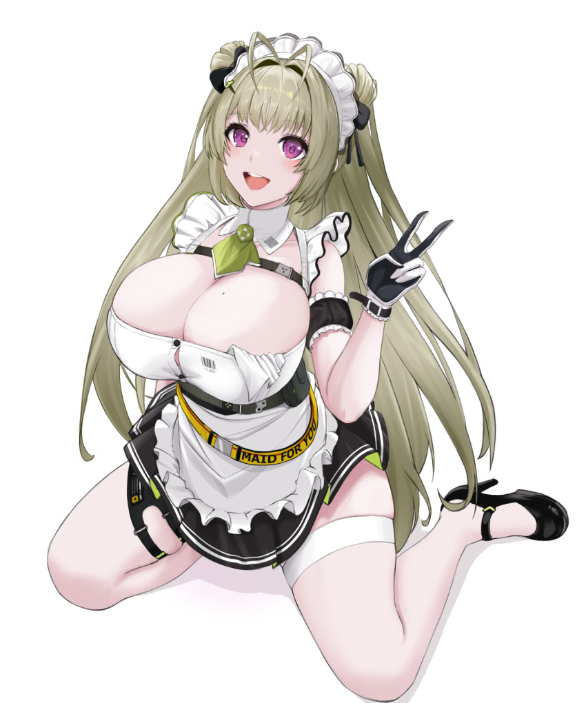 1girl antenna_hair apron arm_garter black_shoes black_skirt blush breasts chest_strap cleavage commentary detached_collar double_bun dress full_body garter_belt gloves goddess_of_victory:_nikke green_hair green_necktie hair_bun hair_ornament hairclip highres large_breasts long_hair maid maid_apron maid_headdress mop necktie open_mouth purple_eyes shoes short_necktie simple_background sitting skirt sleeveless sleeveless_dress smile soda_(nikke) solo thighhighs thighs tongue v vik_(xypt7474) white_apron white_background white_gloves white_thighhighs zettai_ryouiki