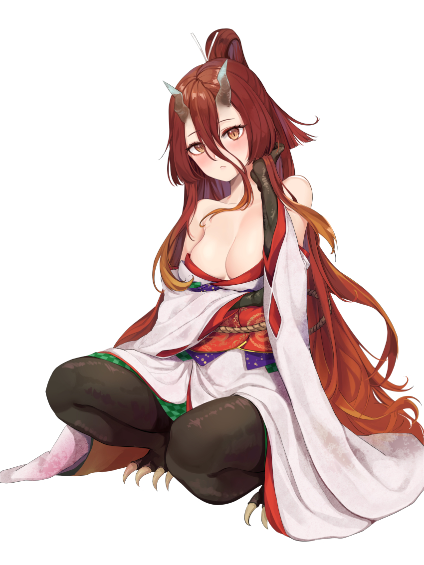 1girl absurdres bad_id bad_pixiv_id bare_shoulders blush breasts brown_eyes brown_hair claws cleavage collarbone fate/grand_order fate/requiem fate_(series) gradient_hair hair_between_eyes hand_in_own_hair highres horns japanese_clothes kijo_kouyou_(fate) kijo_kouyou_(third_ascension)_(fate) kimono large_breasts lillly long_hair long_sleeves looking_at_viewer multicolored_hair obi off_shoulder ponytail red_hair sash simple_background slit_pupils solo very_long_hair white_background white_kimono wide_sleeves