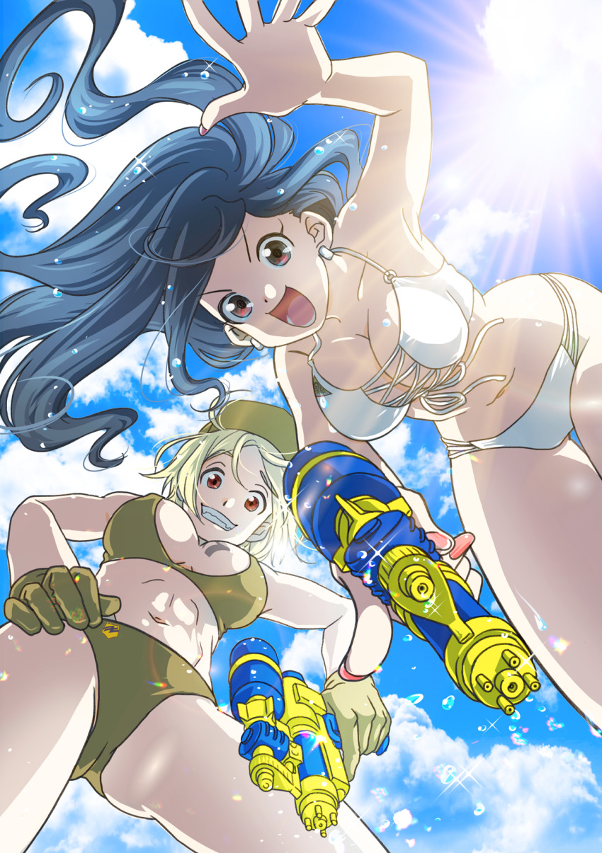 2girls abs azov_battalion bikini blonde_hair blue_hair breasts cloud day earrings fangs from_below front-tie_bikini_top front-tie_top green_bikini grin hand_on_own_hip hat highres holding holding_water_gun japanon jewelry kraken_(japanon) kraken_regiment large_breasts long_hair looking_at_viewer lower_teeth_only marichka medium_breasts multiple_girls muscular muscular_female narrow_waist navel open_mouth original peaked_cap red_eyes russo-ukrainian_war sky smile sunlight swastika_tattoo swimsuit teeth tongue v-shaped_eyebrows water water_drop water_gun waving wavy_hair white_bikini
