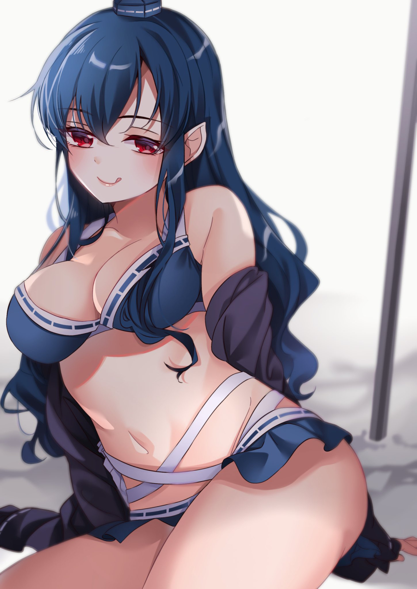 1girl :q alternate_costume backlighting bare_shoulders bikini blue_bikini blue_hair blue_hat blush breasts cleavage closed_mouth commentary_request hat highres iizunamaru_megumu large_breasts long_hair looking_at_viewer meimei_(meimei89008309) navel open_clothes pointy_ears red_eyes sitting smile solo stomach swimsuit tokin_hat tongue tongue_out touhou very_long_hair