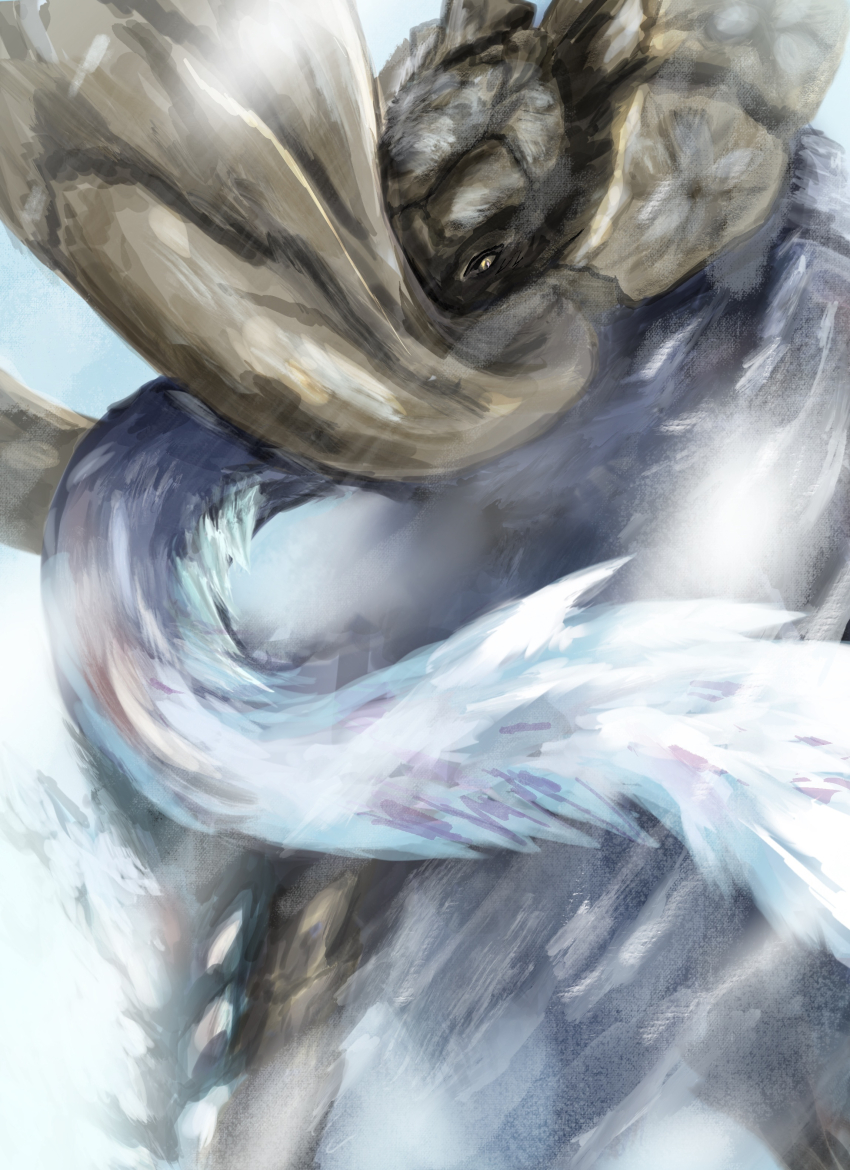 absurdres close-up elderfrost_gammoth elephant frost fujikura gammoth highres ice looking_at_viewer mammoth monster monster_focus monster_hunter_(series) monster_hunter_x proboscis snow solo tusks white_fur wind yellow_eyes