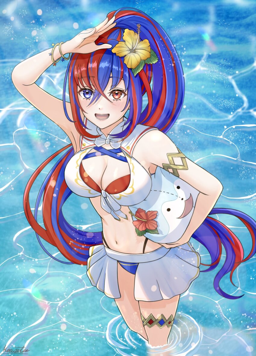 1girl alear_(female)_(fire_emblem) alear_(fire_emblem) bikini blue_bikini blue_eyes blue_hair breasts character_ball cleavage criss-cross_halter crossed_bangs female_alear_(fire_emblem) female_alear_(seaside_dragon)_(fire_emblem) fire_emblem fire_emblem_engage fire_emblem_heroes flower front-tie_bikini_top front-tie_top gold_armlet gold_thighlet hair_flower hair_ornament halterneck heterochromia highres kousetu0506 large_breasts long_hair multicolored_bikini multicolored_hair nintendo official_alternate_costume official_alternate_hairstyle ponytail red_bikini red_eyes red_hair showgirl_skirt solo sommie_(fire_emblem) split-color_hair swimsuit two-tone_hair very_long_hair white_bikini yellow_flower