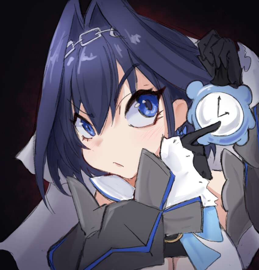 1girl :/ absurdres black_background black_gloves blue_bow blue_bowtie blue_eyes blue_hair bow bow_earrings bowtie breasts chain chain_headband cleavage cleavage_cutout close-up closed_mouth clothing_cutout commentary detached_sleeves earrings english_commentary eyelashes frostyjeiik gloves gradient_background grey_sleeves hair_between_eyes hair_intakes highres holding holding_pocket_watch hololive hololive_english jewelry large_breasts looking_at_viewer looking_to_the_side meme ouro_kronii ouro_kronii_(1st_costume) pocket_watch pointing pointing_at_object portrait red_background short_hair solo v-shaped_eyebrows virtual_youtuber watch white_rabbit_pointing_at_a_clock_(meme)