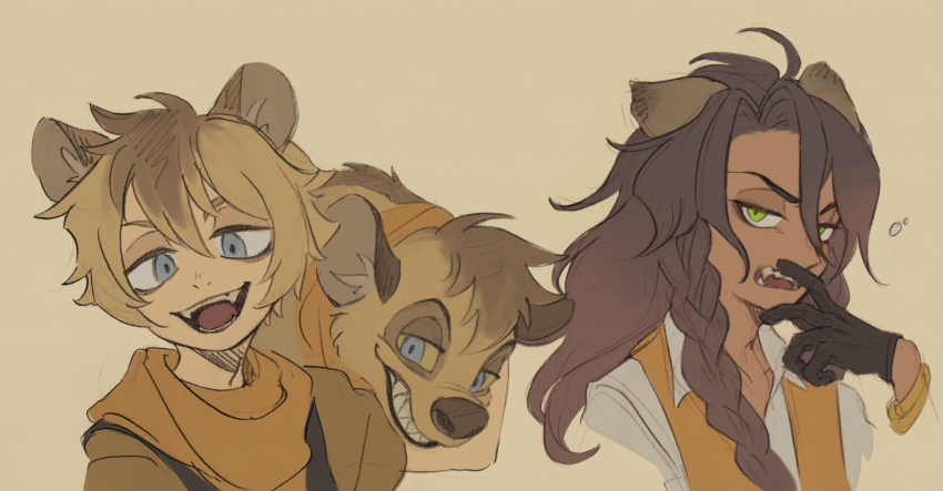 2boys animal_ears animalization braid brown_background brown_gloves brown_hair brown_scarf brown_vest gloves green_eyes grey_eyes hyena hyena_boy hyena_ears leona_kingscholar lion_boy lion_ears long_hair looking_at_viewer male_focus multiple_boys open_mouth ruggie_bucchi scarf sharp_teeth short_hair teeth twisted_wonderland ukata vest