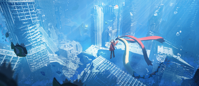 1other absurdres air_bubble asteroid_ill basculin basculin_(white) black_hair black_pants blue_theme bubble building city cityscape coat day fish from_above from_behind gen_3_pokemon gen_4_pokemon gen_5_pokemon highres jacket legendary_pokemon light_rays manaphy mantyke milotic mythical_pokemon nintendo outdoors pants phione pokemon pokemon_(creature) post-apocalypse red_jacket ruins scenery shirt shoes silhouette skyscraper standing submerged sunlight swimming underwater underwater_city water wide_shot