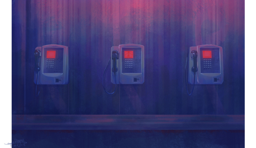 blue_background chinese_commentary commentary_request corded_phone indoors no_humans object_focus original payphone phone pillarboxed sanshui_guantang