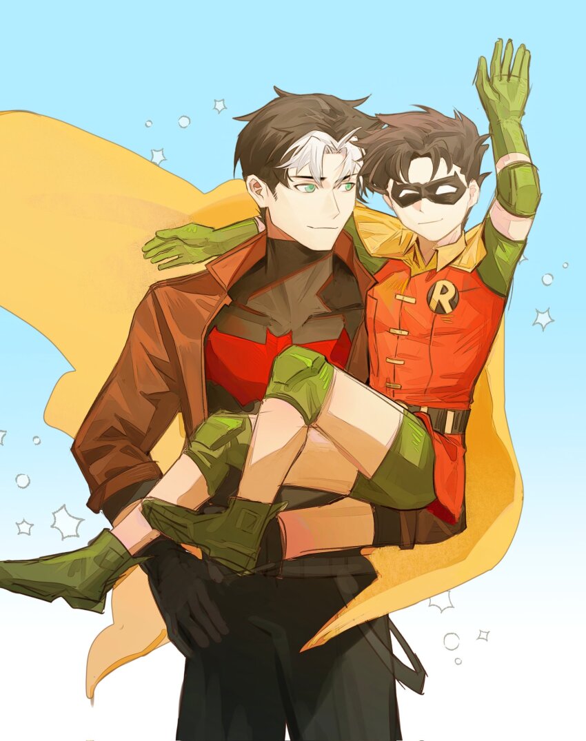 aiksemarban bat_signal batman_(series) batman_symbol black_bodysuit black_gloves black_hair bodysuit brown_jacket cape dc_comics domino_mask eye_mask gloves green_eyes grey_bodysuit hair_between_eyes highres jacket jason_todd male_focus mask multicolored_bodysuit multicolored_hair multiple_boys muscular muscular_male open_clothes pants red_hood_(dc) red_hood_and_the_outlaws robin_(dc) short_hair superhero_costume taut_bodysuit two-tone_bodysuit yellow_cape