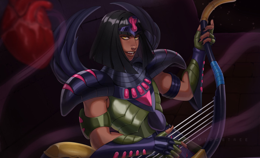 1boy armor bishounen black_hair black_nails blunt_bangs blunt_ends bob_cut dark-skinned_male dark_skin fang fingernails floating floating_object floating_organs green_armor harp heart_(organ) highres holding holding_harp holding_instrument instrument looking_at_viewer male_focus metal_wings midostree-art music nail_polish open_mouth pauldrons playing_instrument purple_armor saint_seiya short_hair shoulder_armor solo specter_(saint_seiya) sphinx_pharaoh two-tone_armor upper_body very_dark_skin yellow_eyes