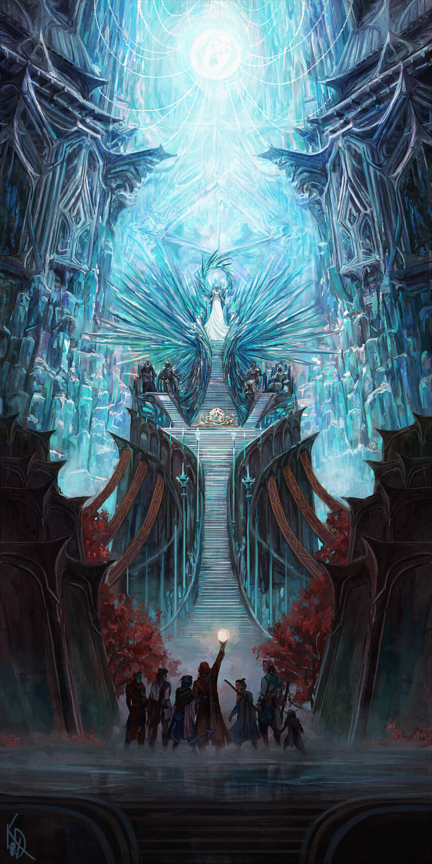 absurdres arch architecture arm_up beauregard_lionett caduceus_clay caleb_widogast commentary critical_role crystal dress dungeons_&amp;_dragons english_commentary fantasy fjord_(critical_role) hanging_light highres idrawbagman indoors jester_(critical_role) matthew_mercer nott_the_brave orb people pillar scenery signature sitting thread throne throne_room tree weapon weapon_on_back white_dress wide_shot yasha_nydoorin
